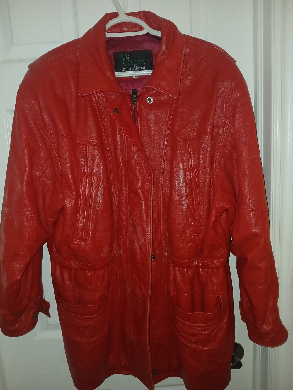 Women's Red Leather Jacket with Zip & Snap Front